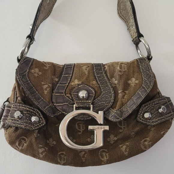Guess Handbags - Vintage Y2K Guess Monogram shoulder bag, brown/cream with crocodile trim READ